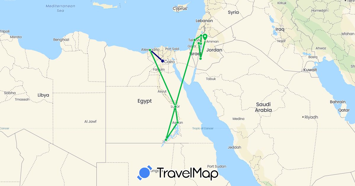 TravelMap itinerary: driving, bus in Egypt, Israel, Jordan, Palestinian Territories (Africa, Asia)